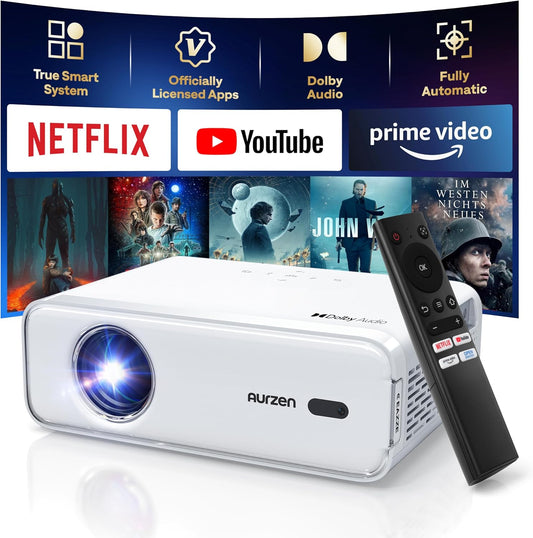Aurzen EAZZE D1 Smart Proyector | Full HD Nativo 1080P | Netflix Oficial, Autoenfoque, Dolby Audio, Zoom 50-100% | WiFi 5G + Bluetooth Bidireccional