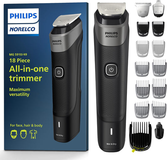 Philips Norelco Multigroom Series 5000 (MG5910/49) | 18 en 1 para Barba, Cabello, Cuerpo e Íntimo – Sin aceite