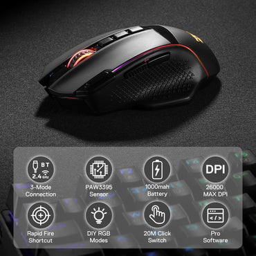 Redragon M991 – Mouse Gaming Inalámbrico, 26,000 DPI, 3 Modos de Conexión, 9 Botones Macro, Rapid Fire, RGB