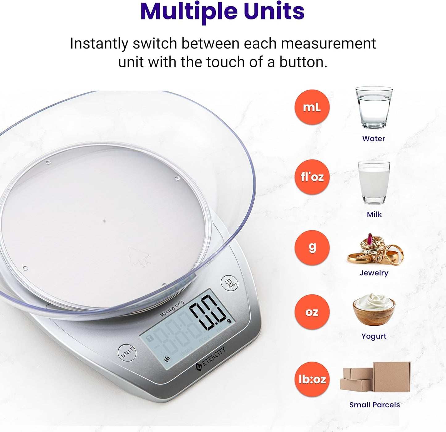Báscula de Cocina Digital Etekcity 0.1g con Bowl – Acero Inoxidable, 11lb/5kg – Gramos y Onzas para Repostería, Cocina, Dieta y Preparación de Comidas