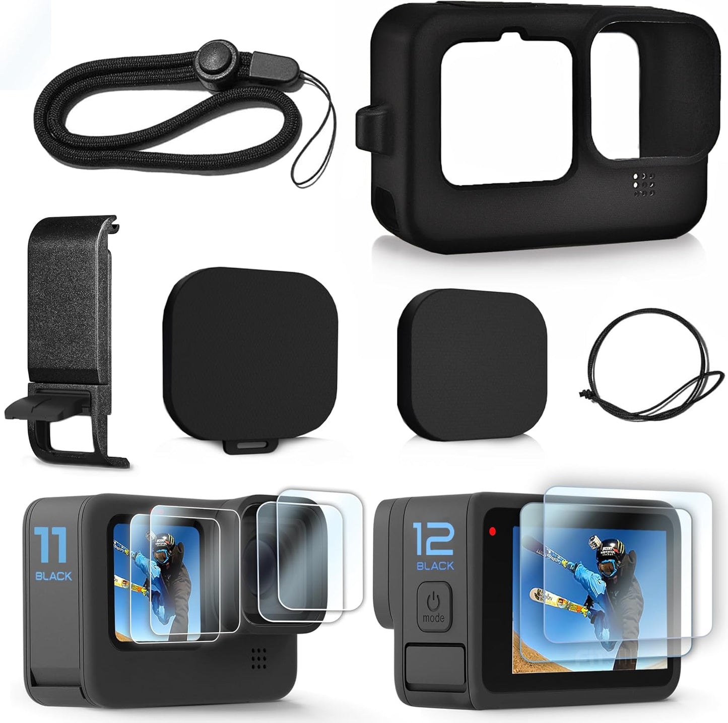 Kit de Funda de Silicona para GoPro Hero 12/11/10/9 Black + Protectores de Pantalla y Lente + Puerta Lateral con Acceso de Carga (Color: Negro)