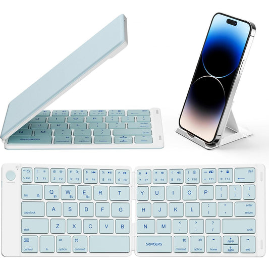 Teclado plegable Bluetooth | Tamaño completo | Ultra delgado Recargable | Conecta iOS, Android, Windows, teléfono | Color: Celeste