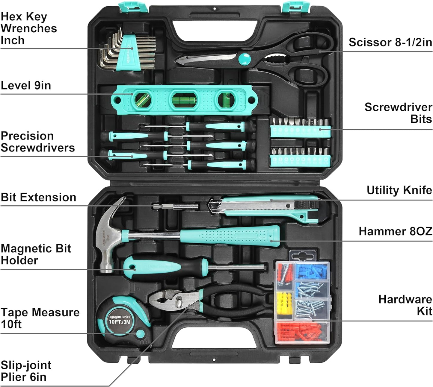 Kit de Herramientas para el Hogar con Maletín – 142 Piezas – Color Turquesa – Ideal para Reparaciones y DIY