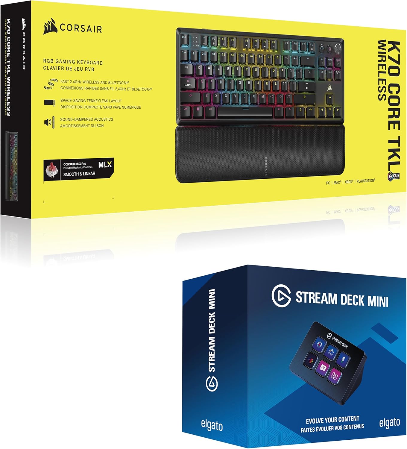 Corsair K70 CORE TKL Wireless + Elgato Stream Deck Mini – Bundle Profesional para Gaming