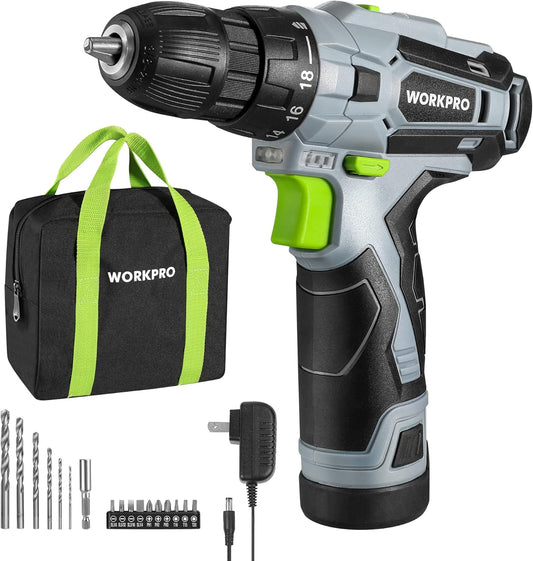 Taladro Atornillador Inalámbrico WORKPRO 12V, 2 Velocidades, 18+1 Embrague, Mandril 3/8" Sin Llave, Kit con Batería, Cargador, Brocas y Bolsa de Transporte