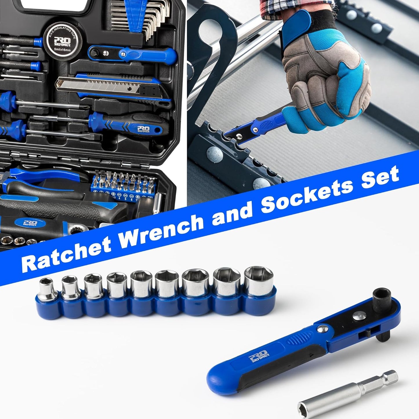 Juego de Herramientas Prostormer 160 Piezas – Kit de Mano para Reparaciones del Hogar con Maletín – Herramientas Resistentes de Acero para Casa, Garaje, Oficina y Dormitorio (Azul)