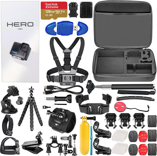 GoPro Hero Compact Waterproof Action Camera con 4K, fotos 12MP, estabilización + tarjeta 128GB, lector de tarjetas y kit de 50 accesorios – Bundle completo