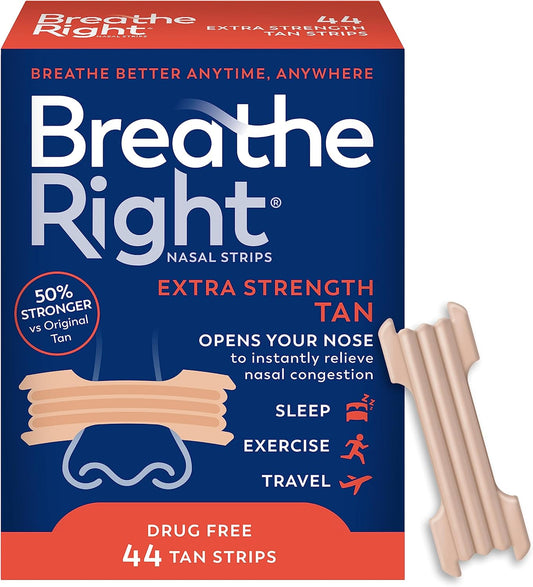 Breathe Right Tiras Nasales Extra Fuerza | 44 Unidades | Alivio Instantáneo de Congestión Nasal y Ronquidos | Sin Fármacos, Ajuste Cómodo