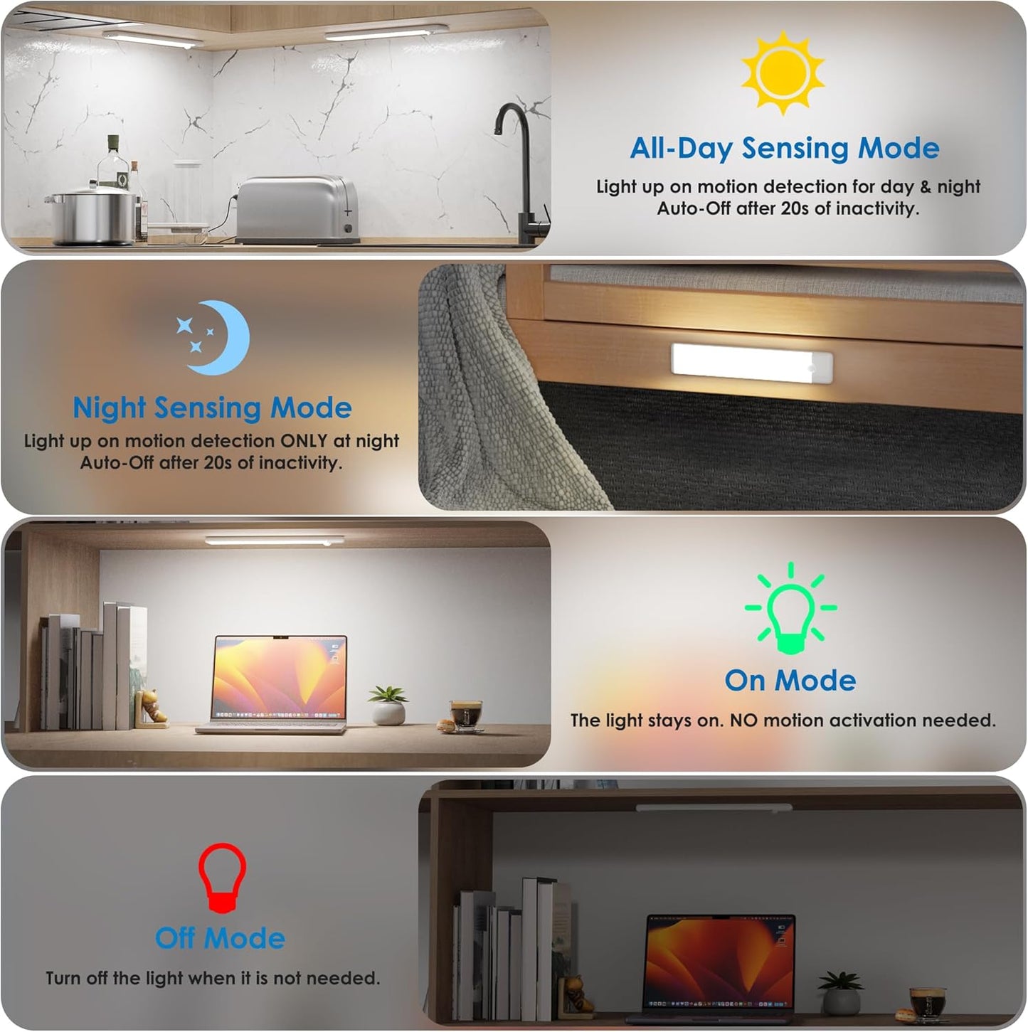 Luces LED Bajo Mueble con Sensor de Movimiento Recargables, Pack x2 Magnéticas Stick-On, 22 LEDs, USB-C, Luz Blanca Fría