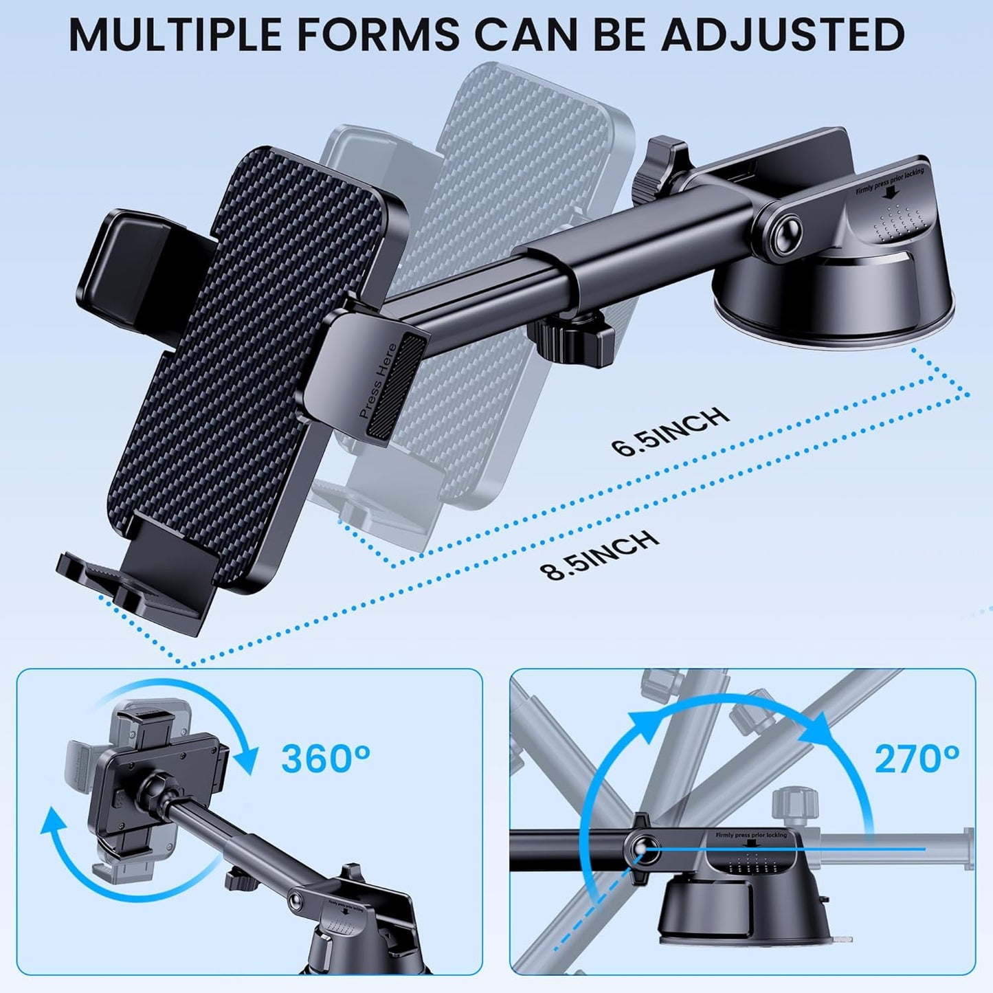 Soporte de Celular para Auto 3-en-1 GUWEZ (2025) — Ventosa Grado Militar, Tablero / Parabrisas / Rejilla | Rotación 360° & Brazo 270° | iPhone & Android (4.0″–7.1″)