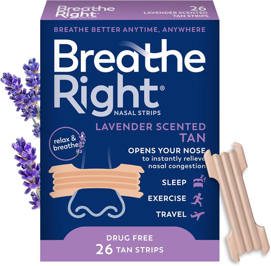 Breathe Right Tiras Nasales Extra Fuerza con Aroma Lavanda | 26 Unidades | Alivio de Congestión y Ronquidos | Solución Sin Fármacos