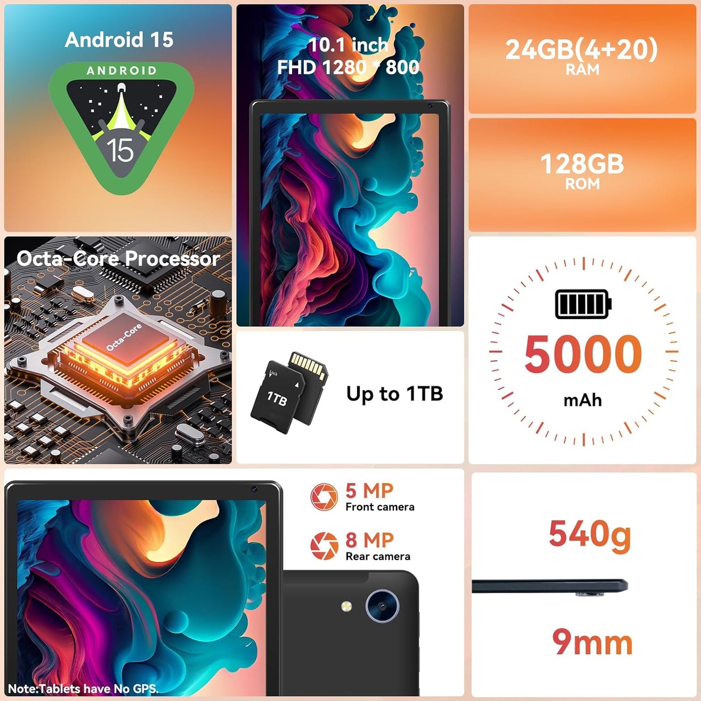 Tablet Android 10.1" Octa-Core, 24 GB RAM (4+20) + 128 GB, Wi-Fi 6, BT 5.0, Pantalla IPS HD, Batería 8 h | Android 15 (2025) – URAO