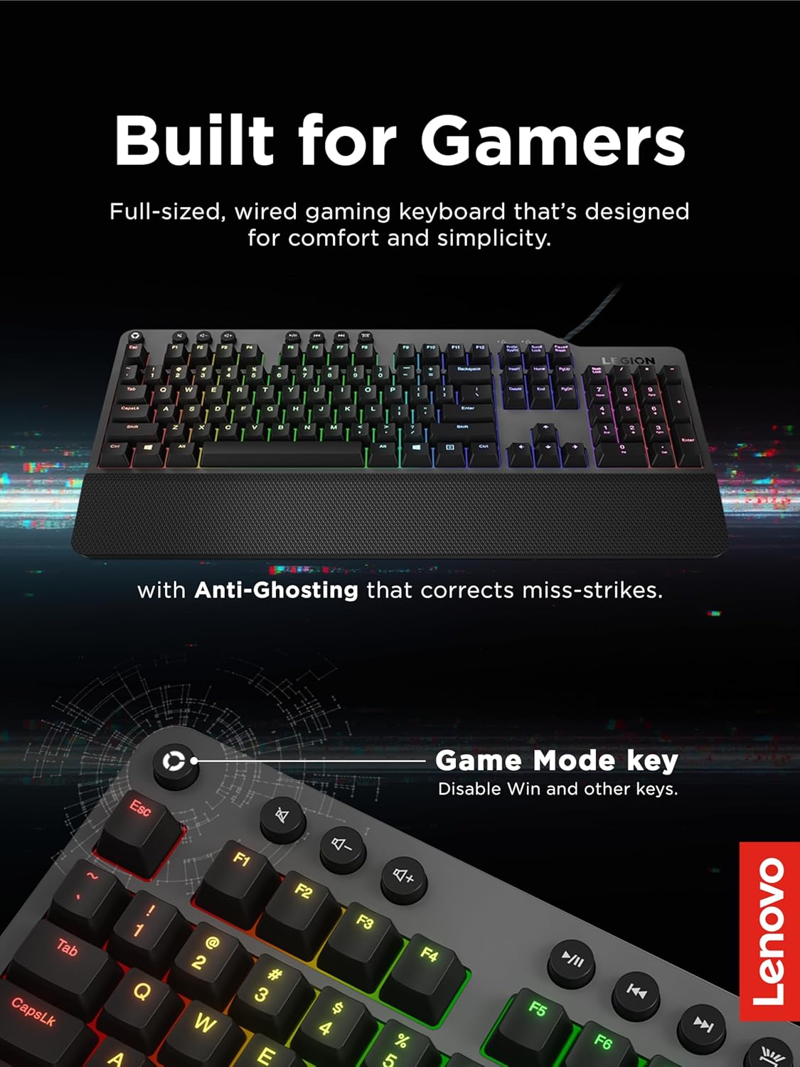 Lenovo Legion K500 Teclado Mecánico Gamer RGB – Diseño Minimalista, Switches Rojos, Descanso para Muñeca Desmontable