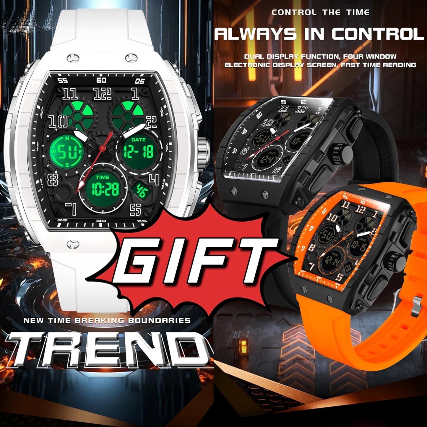 Reloj para Hombre Rectangular (Blanco) — Analógico + Digital, Doble Hora, Cronómetro, Cuenta Regresiva, 5 ATM, Estilo Punk, Correa de Silicona