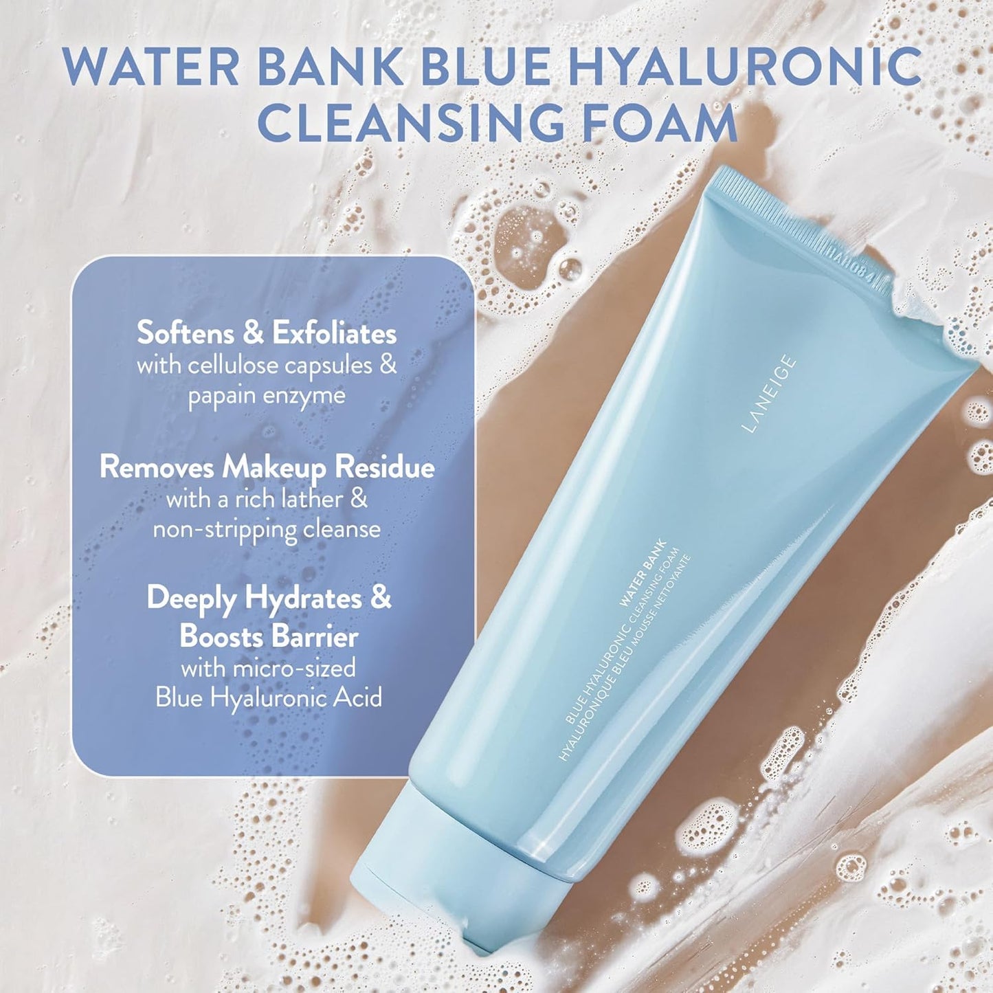 LANEIGE Espuma limpiadora de banco de agua: lavado facial hidratante y removedor de maquillaje con ácido hialurónico y enzima de papaína para una piel suave y suave