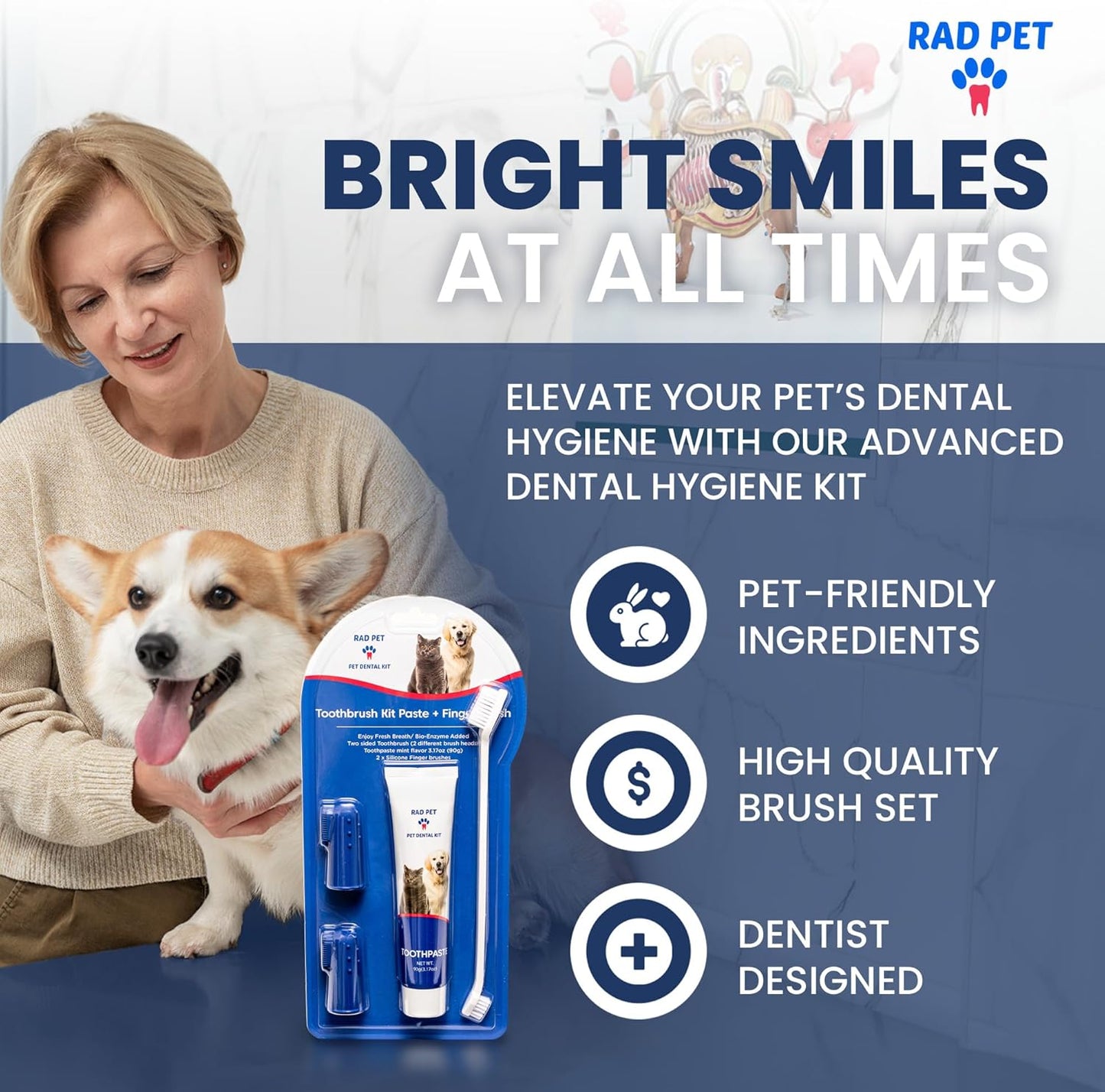 Rad Health Kit Dental para Mascotas | Cepillo y Pasta Dental para Perros y Gatos | Higiene Oral Diaria
