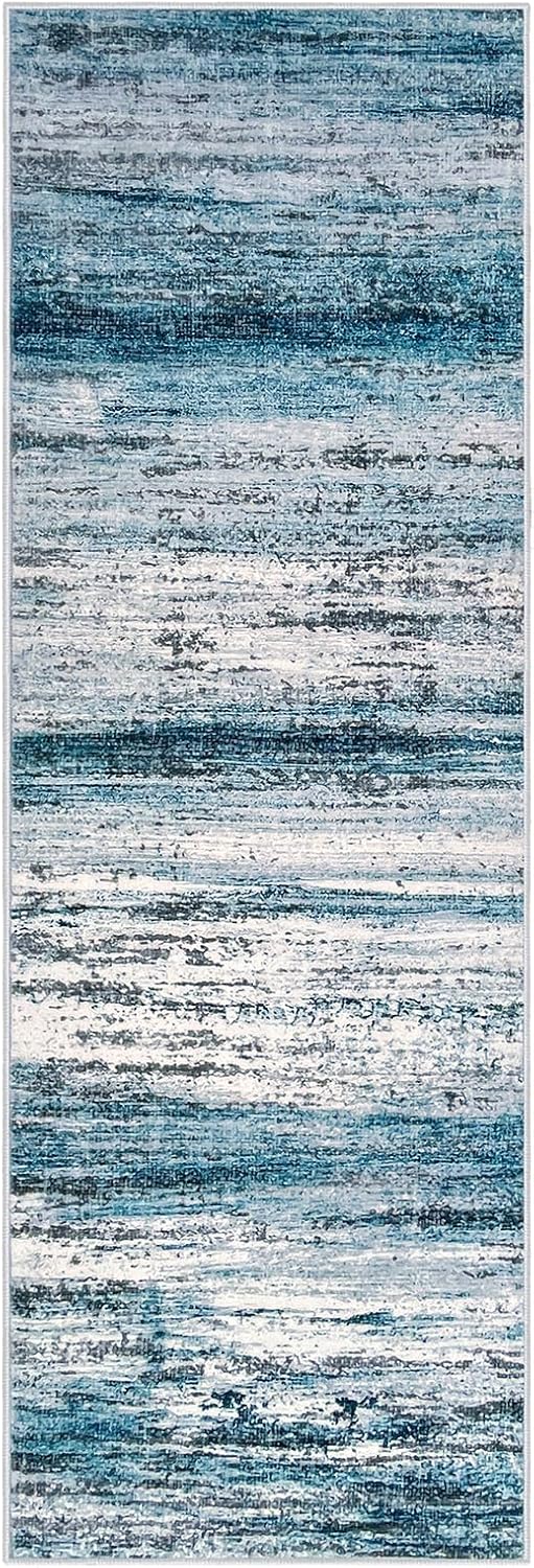 Alfombra de pasillo moderna y lavable | Diseño abstracto | Antideslizante y suave | Estampado a rayas azul