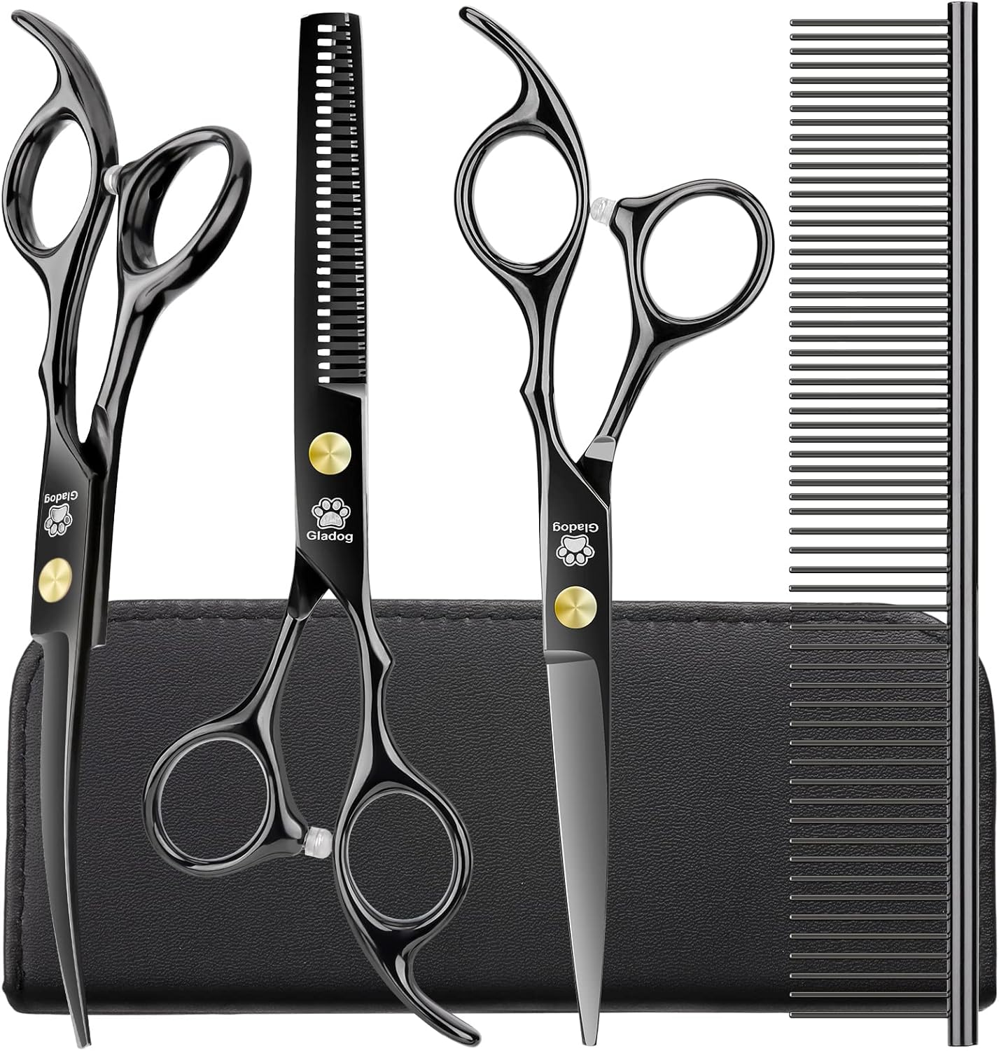GLADOG Kit Tijeras de Grooming 5 en 1 para Perros y Gatos | Tijeras de Acero Inoxidable con Puntas Redondeadas + Peine y Estuche