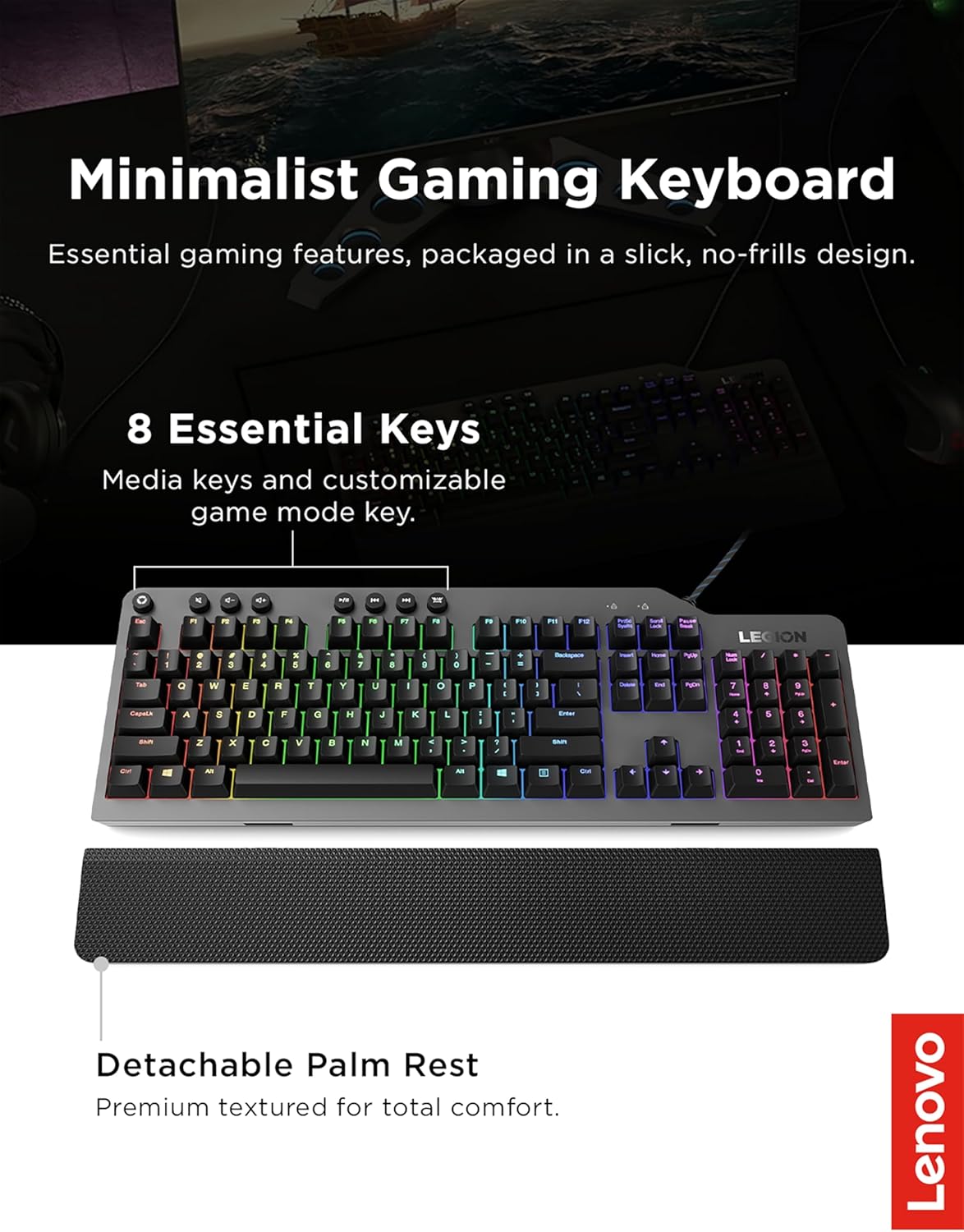 Lenovo Legion K500 Teclado Mecánico Gamer RGB – Diseño Minimalista, Switches Rojos, Descanso para Muñeca Desmontable