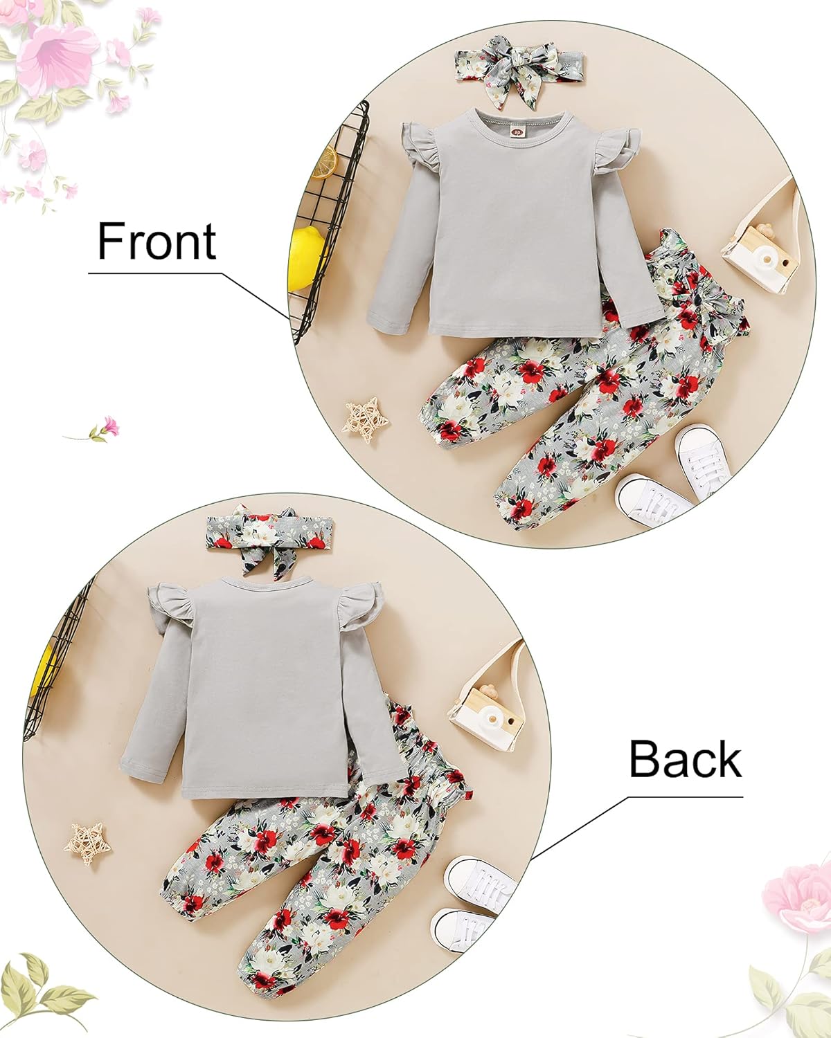 3 piezas de ropa para niña, color liso, manga larga, con volantes, pantalones florales y diadema, 1-6 años, conjunto de otoño/invierno