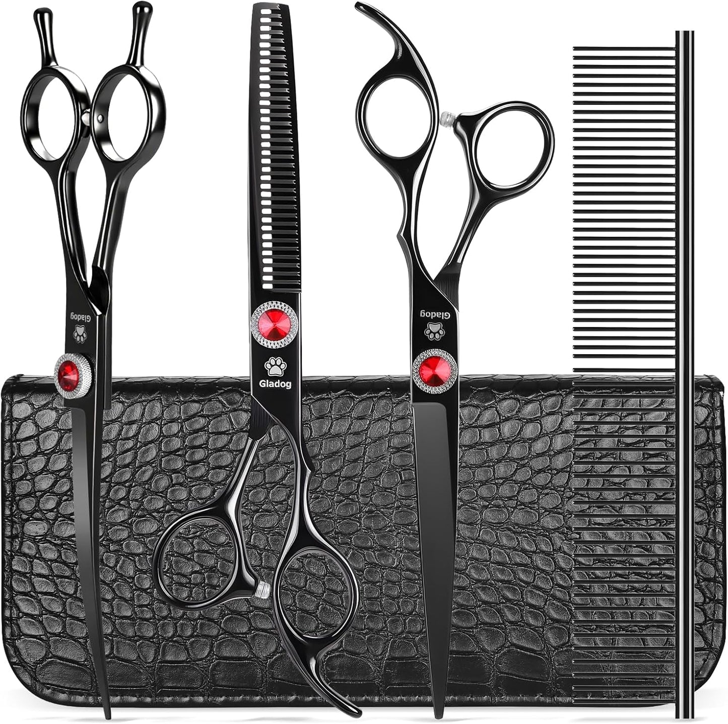 GLADOG Kit Tijeras de Grooming 5 en 1 para Perros y Gatos | Tijeras de Acero Inoxidable con Puntas Redondeadas + Peine y Estuche