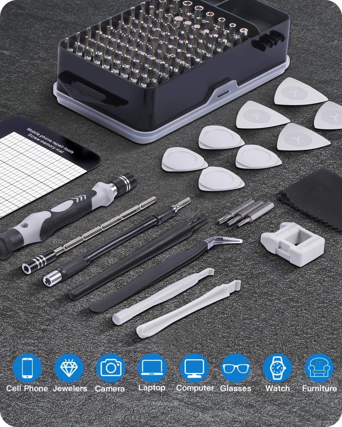 Kit de Destornilladores de Precisión 122 en 1 con 101 Puntas Magnéticas y 21 Herramientas – Set de Reparación Electrónica para Laptop, PC, iPhone, Tablet, PS4, Xbox, Drones y Más