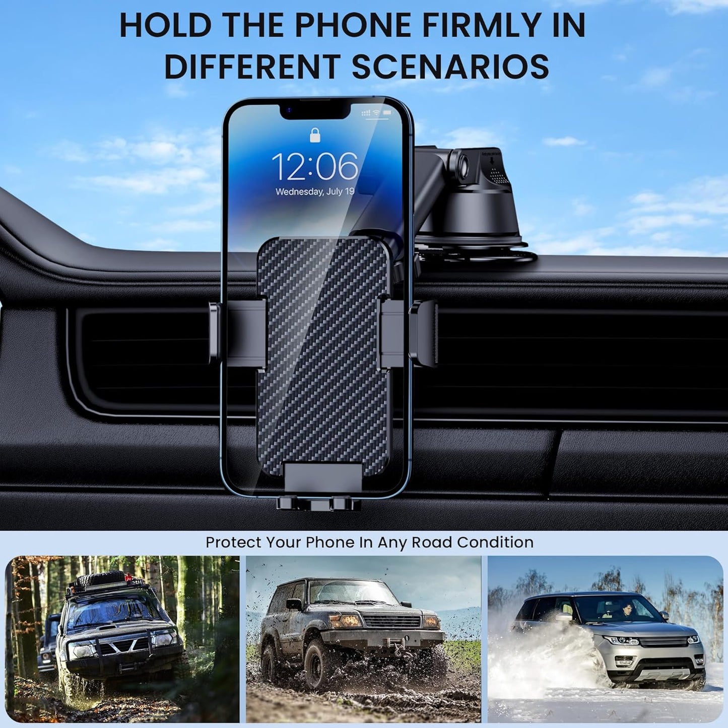 Soporte de Celular para Auto 3-en-1 GUWEZ (2025) — Ventosa Grado Militar, Tablero / Parabrisas / Rejilla | Rotación 360° & Brazo 270° | iPhone & Android (4.0″–7.1″)