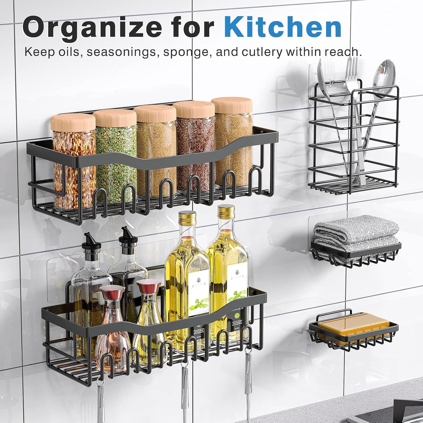 Organizador de Ducha Adhesivo 5 en 1, Estantes de Acero Inoxidable Antióxido XL, Sin Taladro, con Porta Jabón y Porta Cepillos de Dientes
