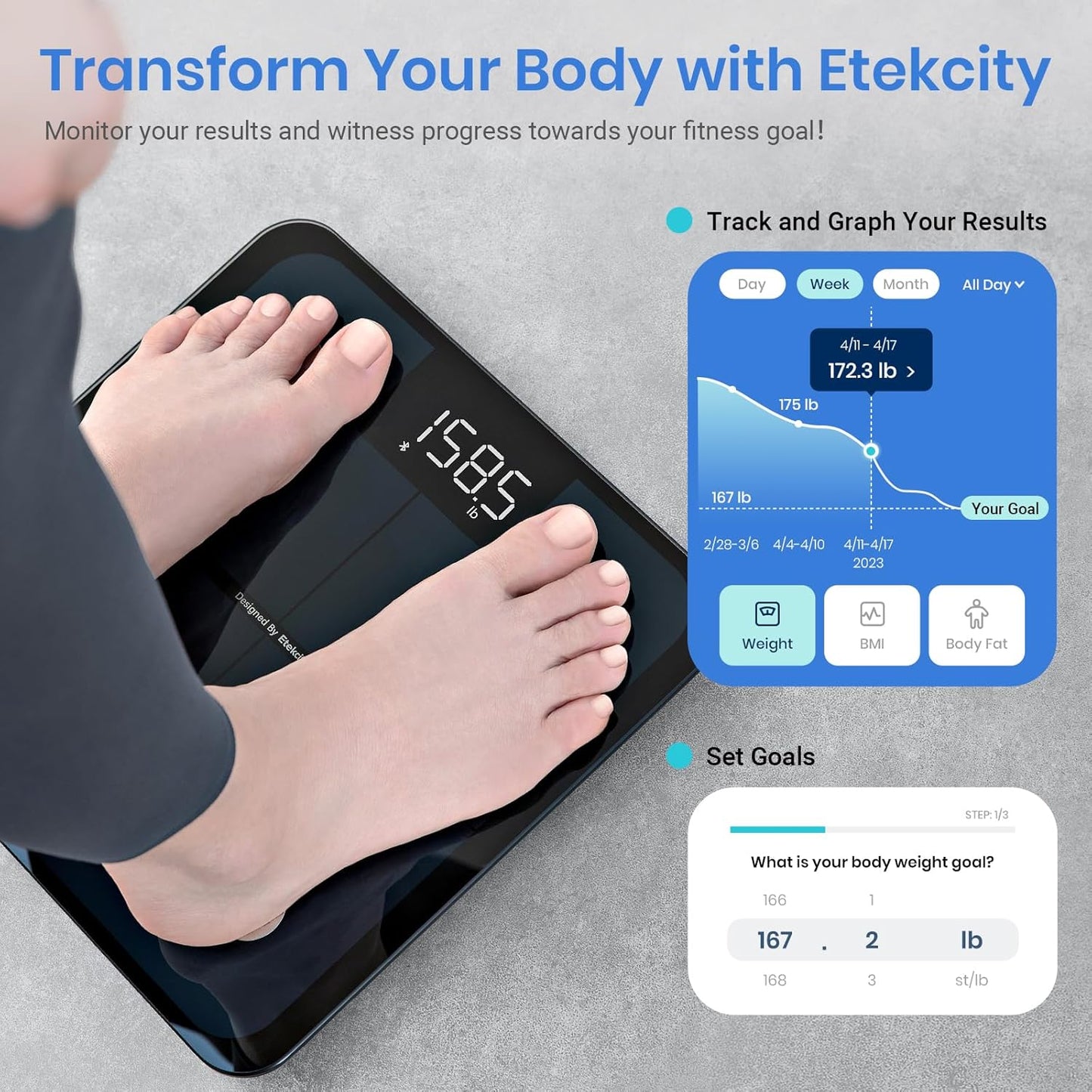 Báscula Inteligente Digital con Bluetooth – Balanza de Baño con BMI, Grasa Corporal, Masa Muscular y 13 Métricas – Compatible con Apple Health, FitBit, Google Fit y Samsung Health – Capacidad 180kg / 400lb