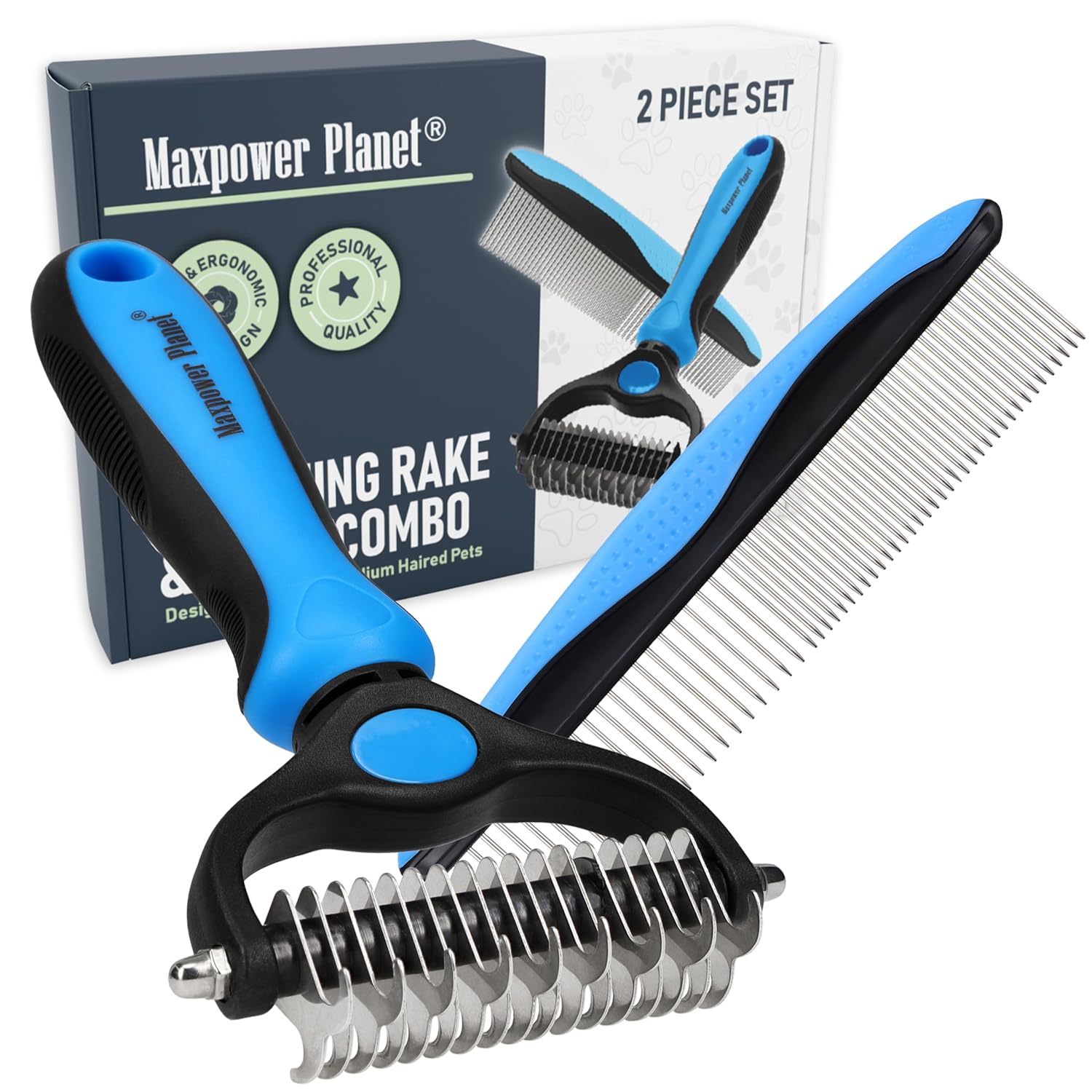 Maxpower Planet Rastrillo de Aseo para Mascotas | Herramienta 2 en 1 Deslanado & Desenredado | Cepillo Profesional para Perros y Gatos de Pelo Largo y Doble Capa – Reduce la Muda hasta un 95%