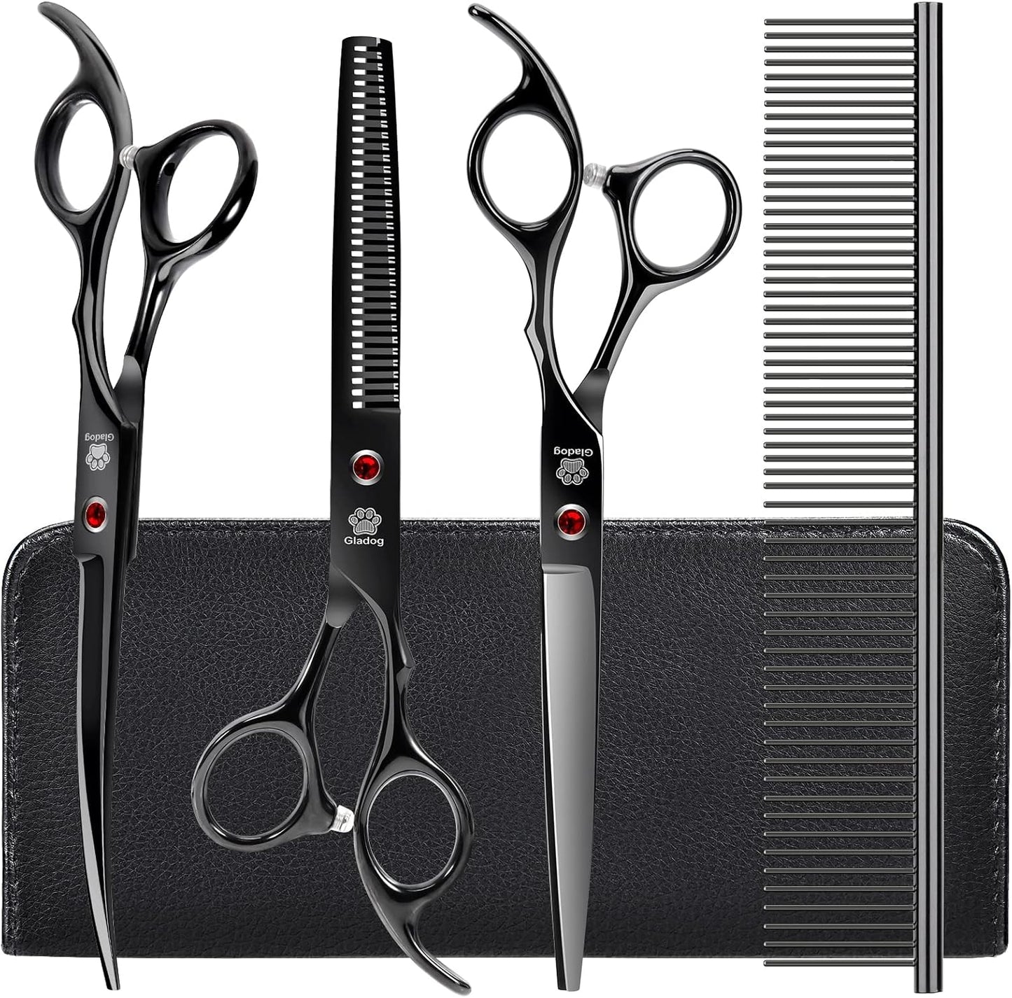 GLADOG Kit Tijeras de Grooming 5 en 1 para Perros y Gatos | Tijeras de Acero Inoxidable con Puntas Redondeadas + Peine y Estuche