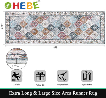 Alfombra de pasillo de 2 pies x 8 pies | Lavable, vintage, antideslizante | Diseño rombos