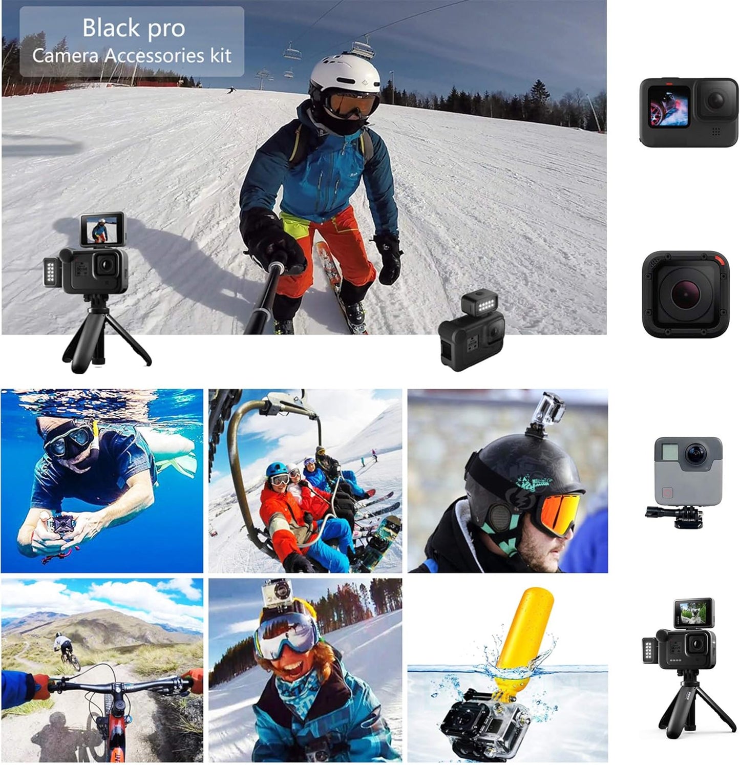 Kit de Accesorios 60-en-1 para Cámara de Acción — Compatible con GoPro Hero 13/12/11/10/9/8/7/6/5/Session 5/Hero 4/3+/3/2/1, GoPro Max/Fusion, Insta360, DJI Osmo Action, AKASO, APEMAN, Campark, SJCAM