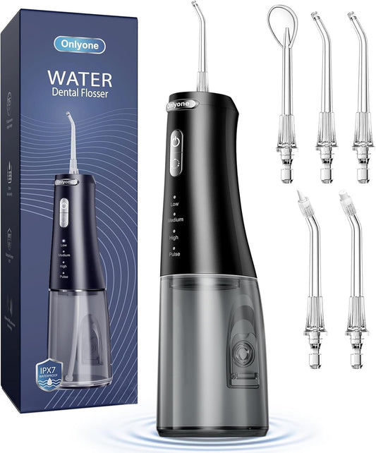 Onlyone Irrigador Dental Portátil – 300ML Limpiador Bucal Recargable, 4 Modos & 5 Boquillas, Flosser Eléctrico para Dientes, Resistente al Agua IPX7, Uso en Casa y Viaje (Negro)