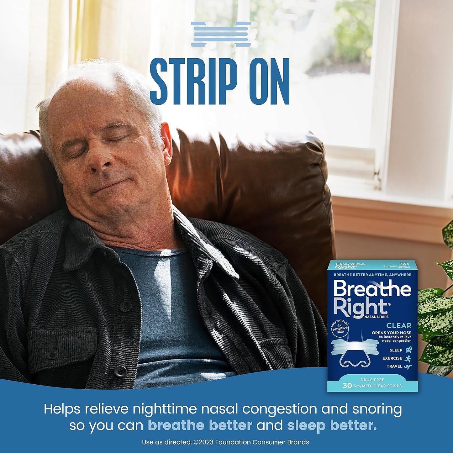 Breathe Right Tiras Nasales Originales Transparentes | 30 Unidades | Piel Sensible | Alivio de Congestión y Ronquidos | Drug-Free