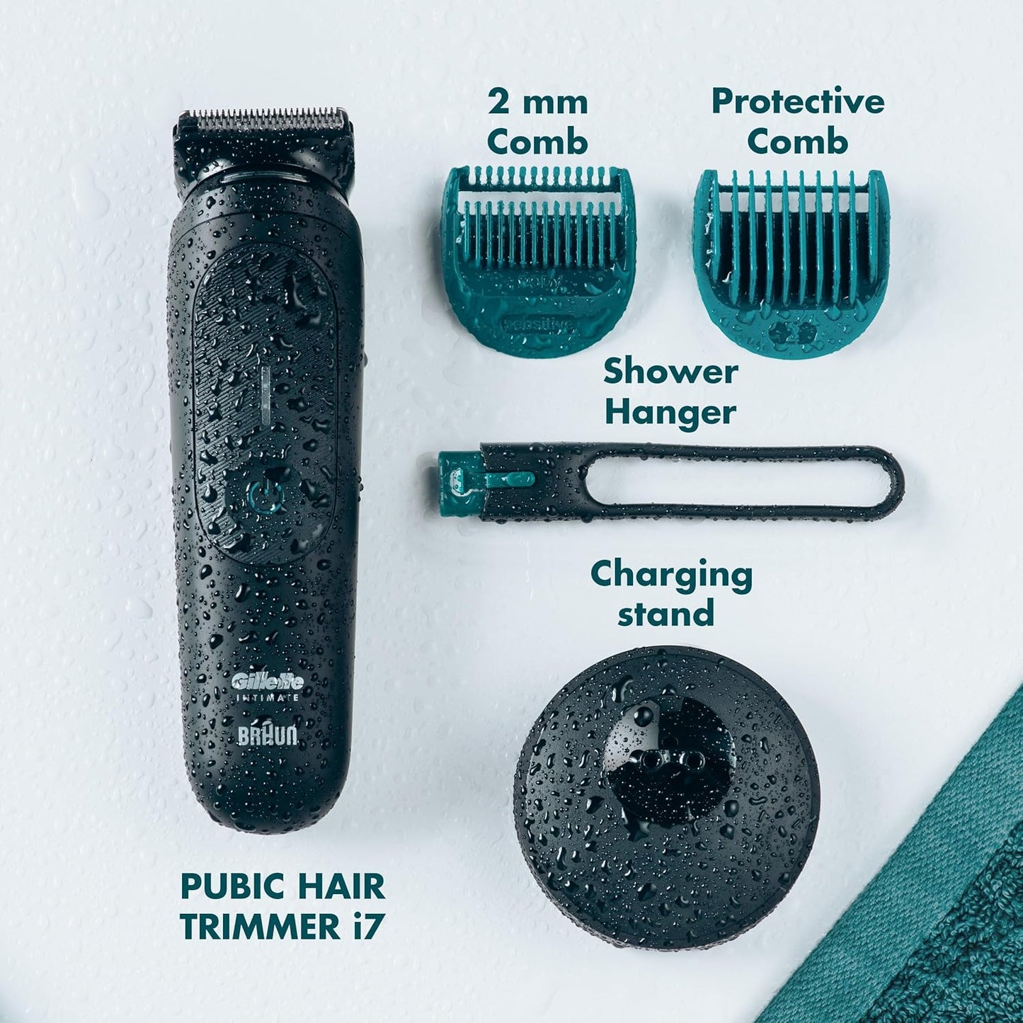 Gillette Intimate i7 | Recortadora Íntima y Corporal Masculina – LED Halo, Resistente al Agua, 100 min, Base de Carga, 2 Peines