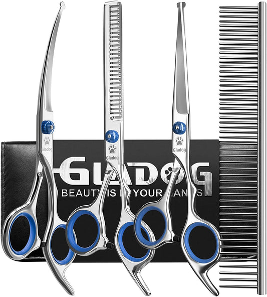 GLADOG Kit Tijeras de Grooming 5 en 1 para Perros y Gatos | Tijeras de Acero Inoxidable con Puntas Redondeadas + Peine y Estuche