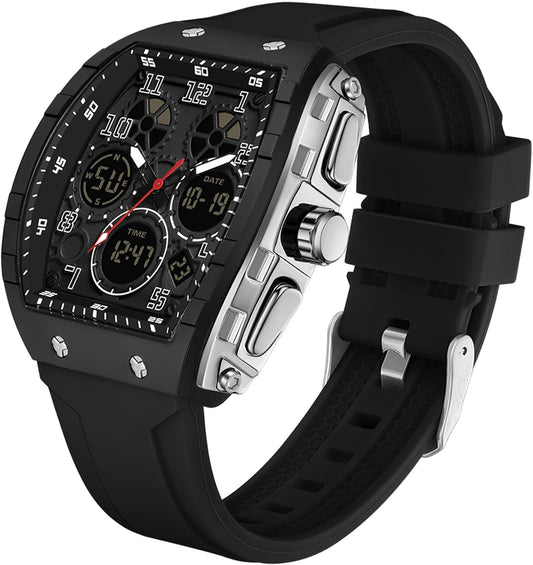 Reloj para Hombre Rectangular Blanco | Doble Hora Analógico + Digital | Cronómetro & Cuenta Regresiva | Alarma | 5 ATM Resistente al Agua | Correa de Silicona | Caja de Regalo