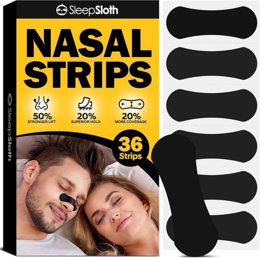 SleepSloth Tiras Nasales Extra Fuerza Negras | 36 Unidades | Alivio de Congestión, Ronquidos y Mejor Respiración | Adhesivo Hipoalergénico Piel Sensible
