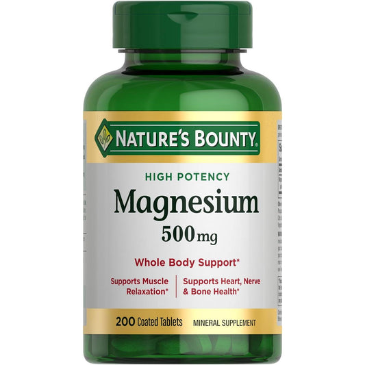 Magnesio 500 mg – 200 Tabletas | Nature’s Bounty | Salud Ósea y Muscular | Tabletas Recubiertas de Fácil Deglución | Sin Gluten