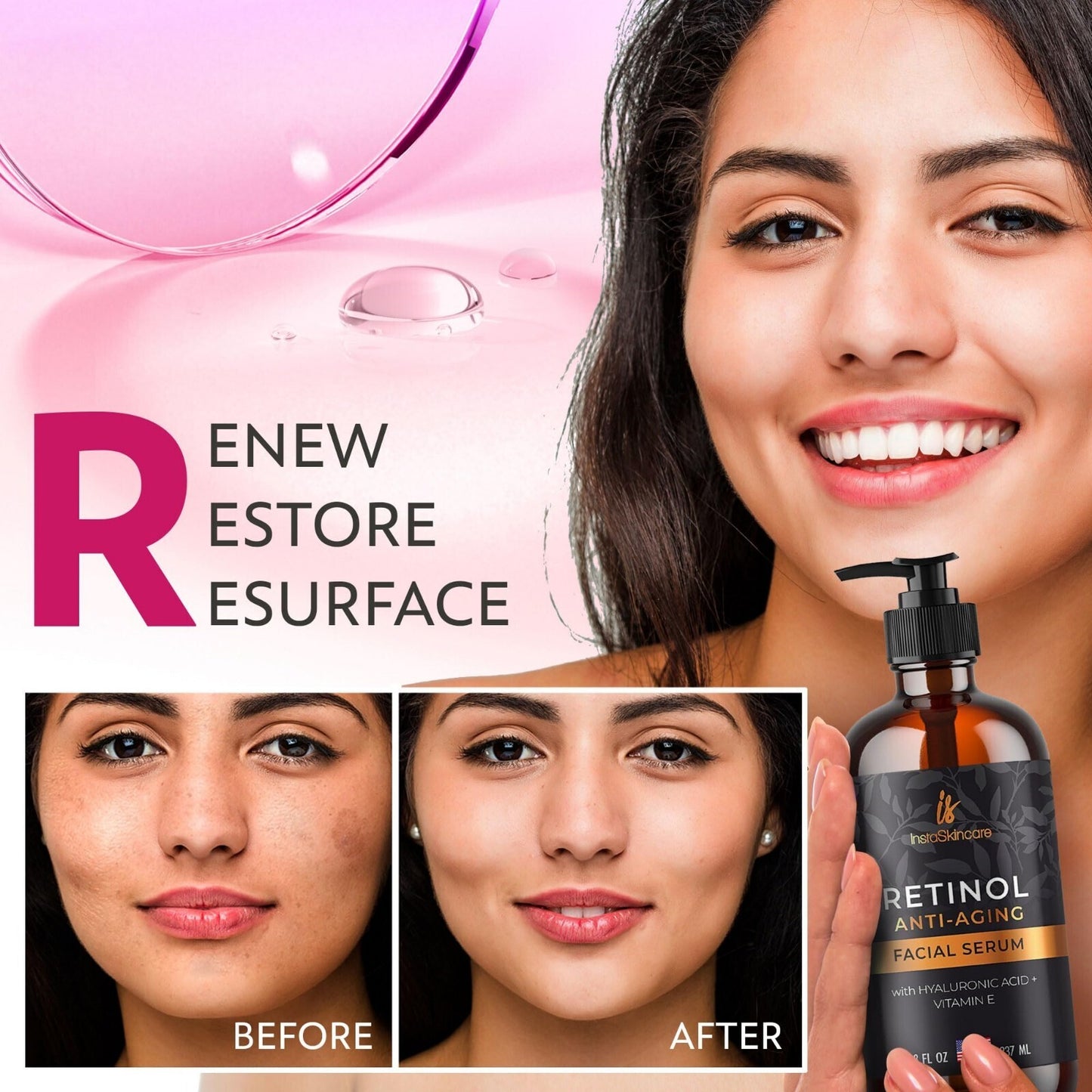 Serum de Retinol para Rostro con Ácido Hialurónico, Vit E y A, y Aloe Vera (8 Oz)