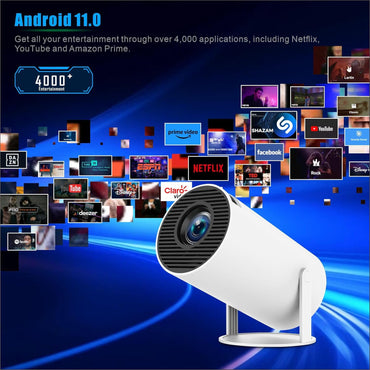 Mini Proyector Android 11 con Wi-Fi 6 y BT 5.2, 150 ANSI, 720p Nativo (Soporta 1080p/4K), Auto Keystone, Giro 180°, Pantalla 40–130", Apps Integradas