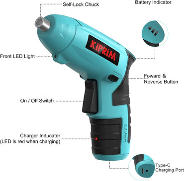 Destornillador Eléctrico Kiprim ES3 4V Recargable, Compacto e Inalámbrico, Luz LED Frontal, Indicador de Batería y 11 Accesorios – Azulv