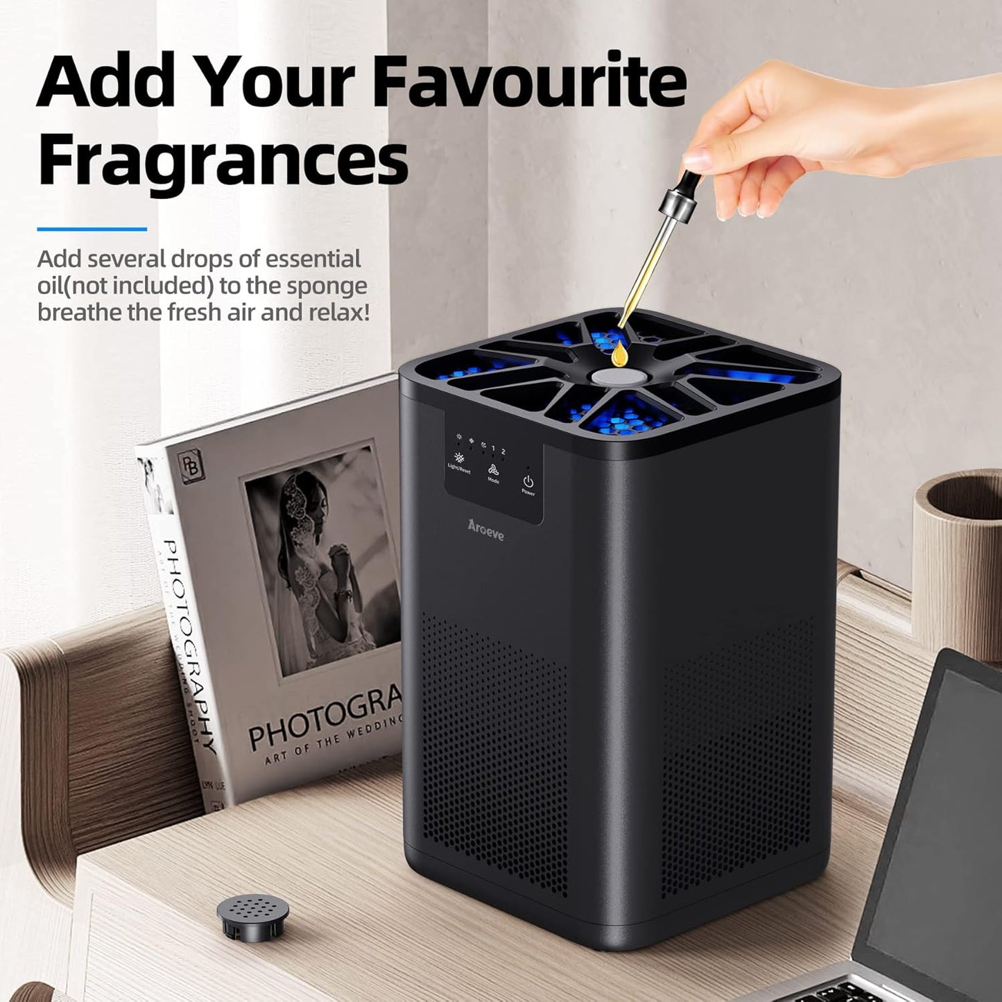 Purificador de Aire AROEVE MK06 con Aromaterapia – Ultra Silencioso 20dB, Elimina Humo, Polen, Caspa de Mascotas, Pelo y Olores – Cubre hasta 20 m² – Negro (Versión EE.UU.)