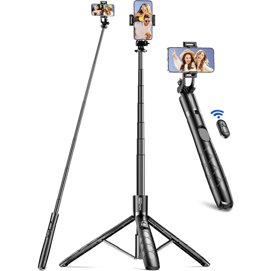 Trípode de Celular de Aluminio 71" con Control Remoto — Selfie Stick 2-en-1, Extensible, Rotación 360°, Compatible iPhone 15/14/13/Android/Cámara