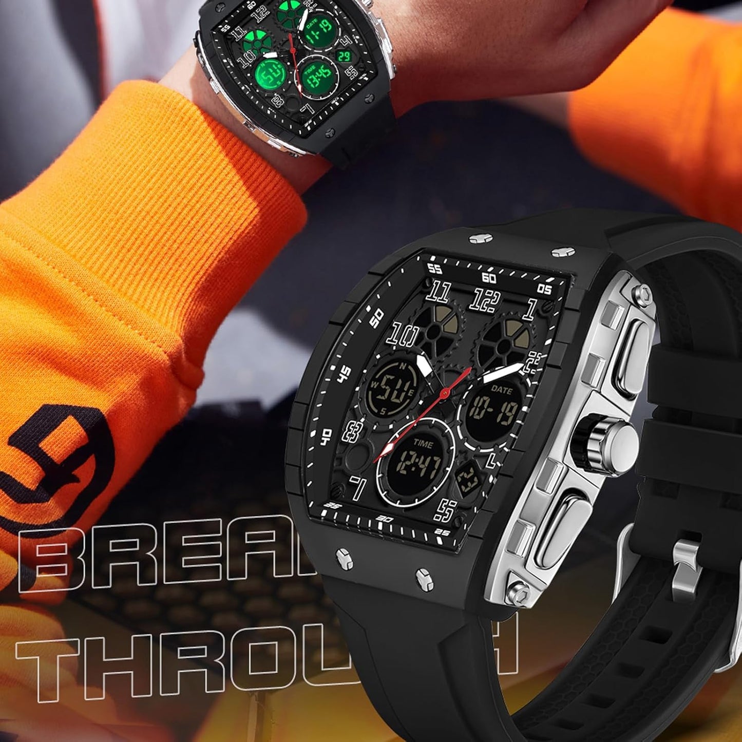 Reloj para Hombre Rectangular Blanco | Doble Hora Analógico + Digital | Cronómetro & Cuenta Regresiva | Alarma | 5 ATM Resistente al Agua | Correa de Silicona | Caja de Regalo