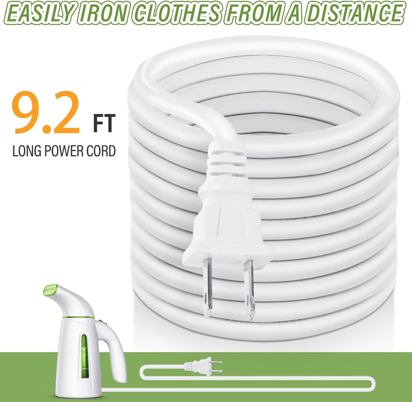 Vaporizador de Ropa 950 W | Depósito 300 ml (hasta 20 min de vapor) | Calienta en 30 s | Panel Acero Inoxidable 304 | Cable 9 ft / 2.7 m | Portátil de viaje | Solo 120 V