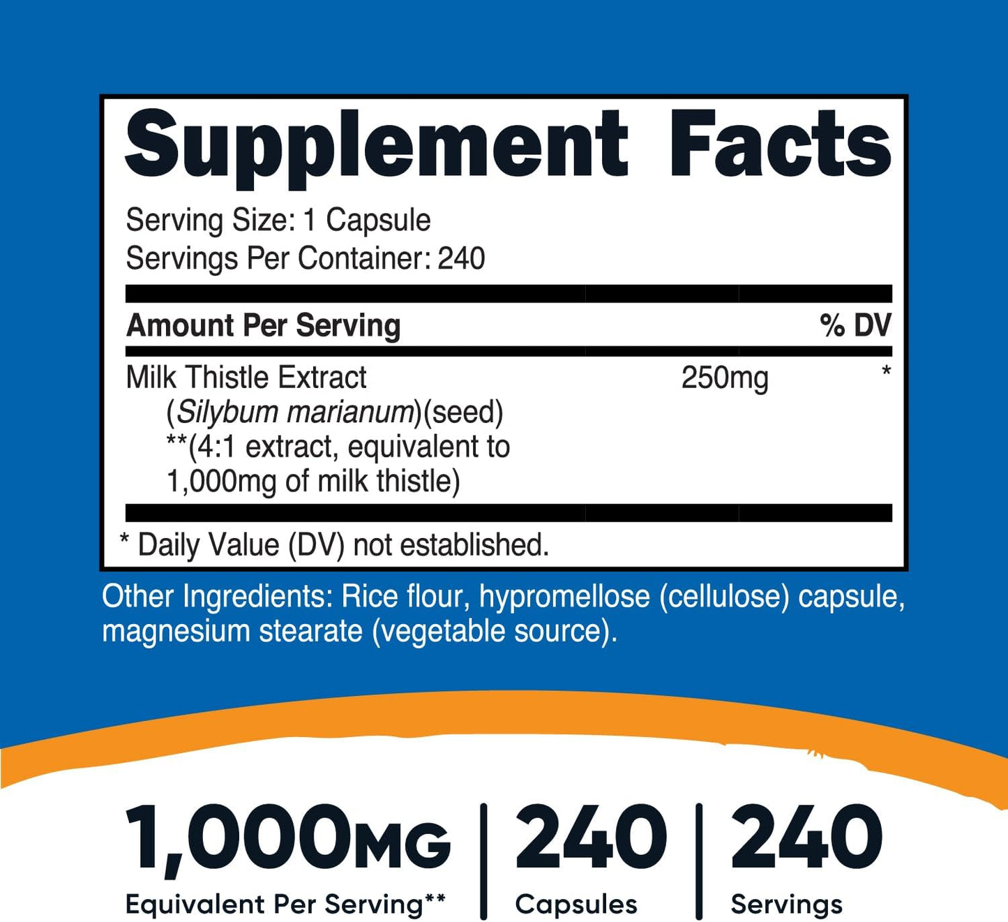 Cardo Mariano 1,000 mg (equivalente) – 240 Cápsulas | Extracto 4:1 (250 mg) | Vegano, Sin OGM, Sin Gluten