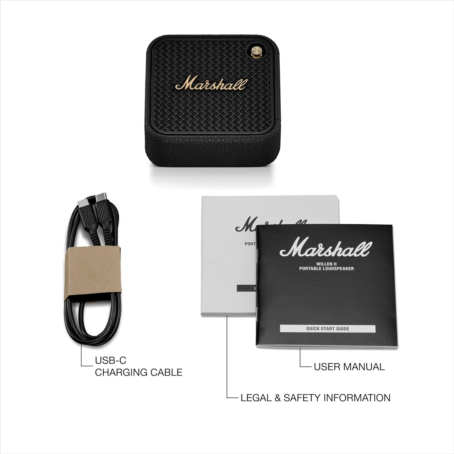 Marshall Willen II – Bocina Bluetooth portátil IP67 (Black & Brass), 17+ h batería, micrófono manos libres y correa de sujeción