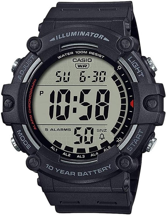 Illuminator AE1500WH Series | 10-Year Battery | LED Backlight | 5-Alarms | 1/100 Sec Stopwatch | Men'S Digital Watch